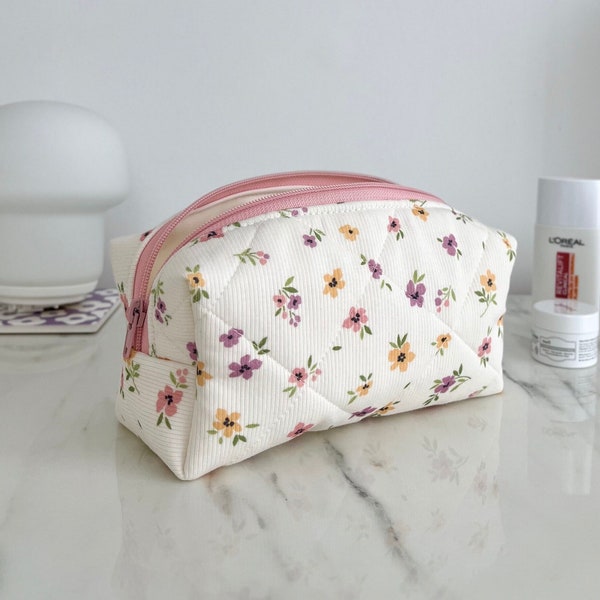 Floral Makeup Bag, Quilted Makeup Bag, Toiletry Bag Women, Cosmetic Bag, Makeup Pouch