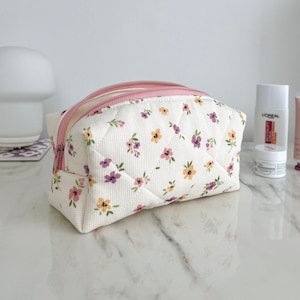Pink Floral Makeup Bag, Quilted Makeup Bag, Toiletry Bag Women, Cosmetic Bag, Makeup Pouch