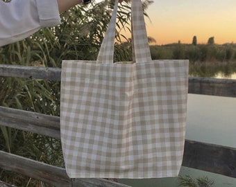 Tote Bag, Gingham Tasche, Große Tasche, Große Tasche, Canvas Tote Bag, Cute Tote Bag, Einkaufstasche, Beige Tasche, Beige Tote Bag