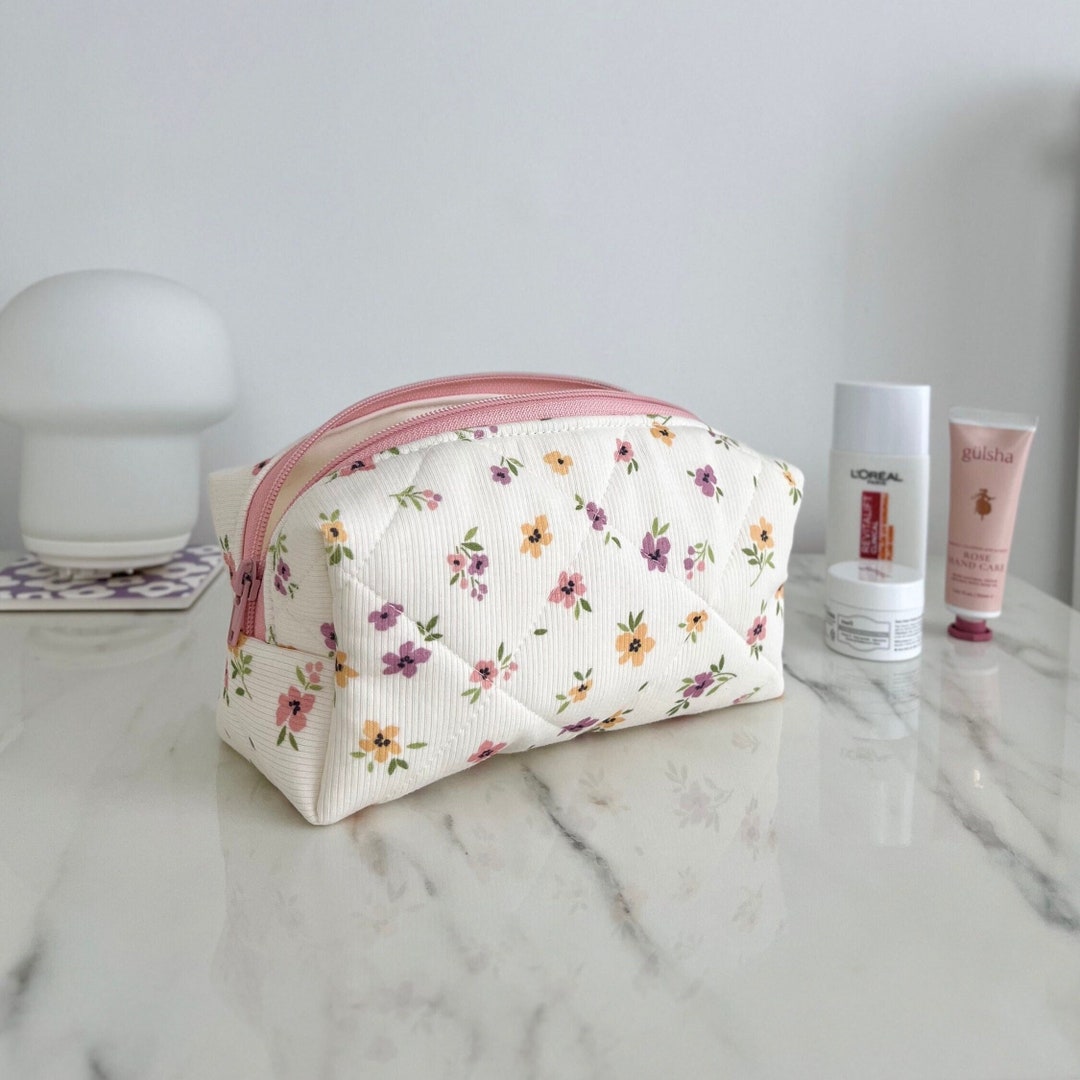 Light Pink Rose Floral Print Makeup Bag