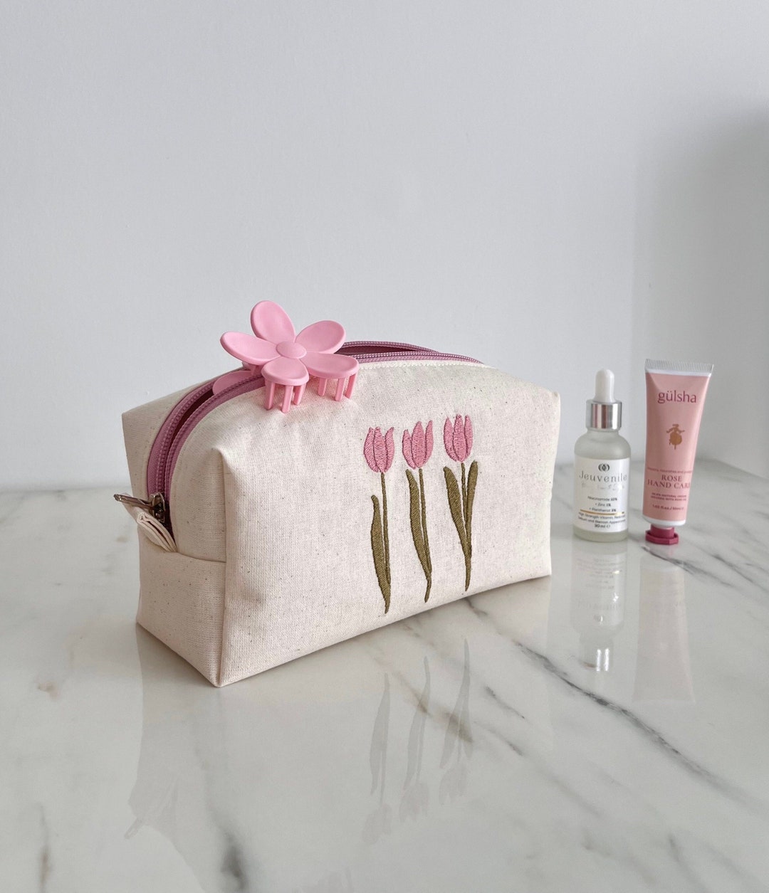 Floral Makeup Bag, Pink Makeup Bag, Cute Makeup Bag, Embroidery Makeup