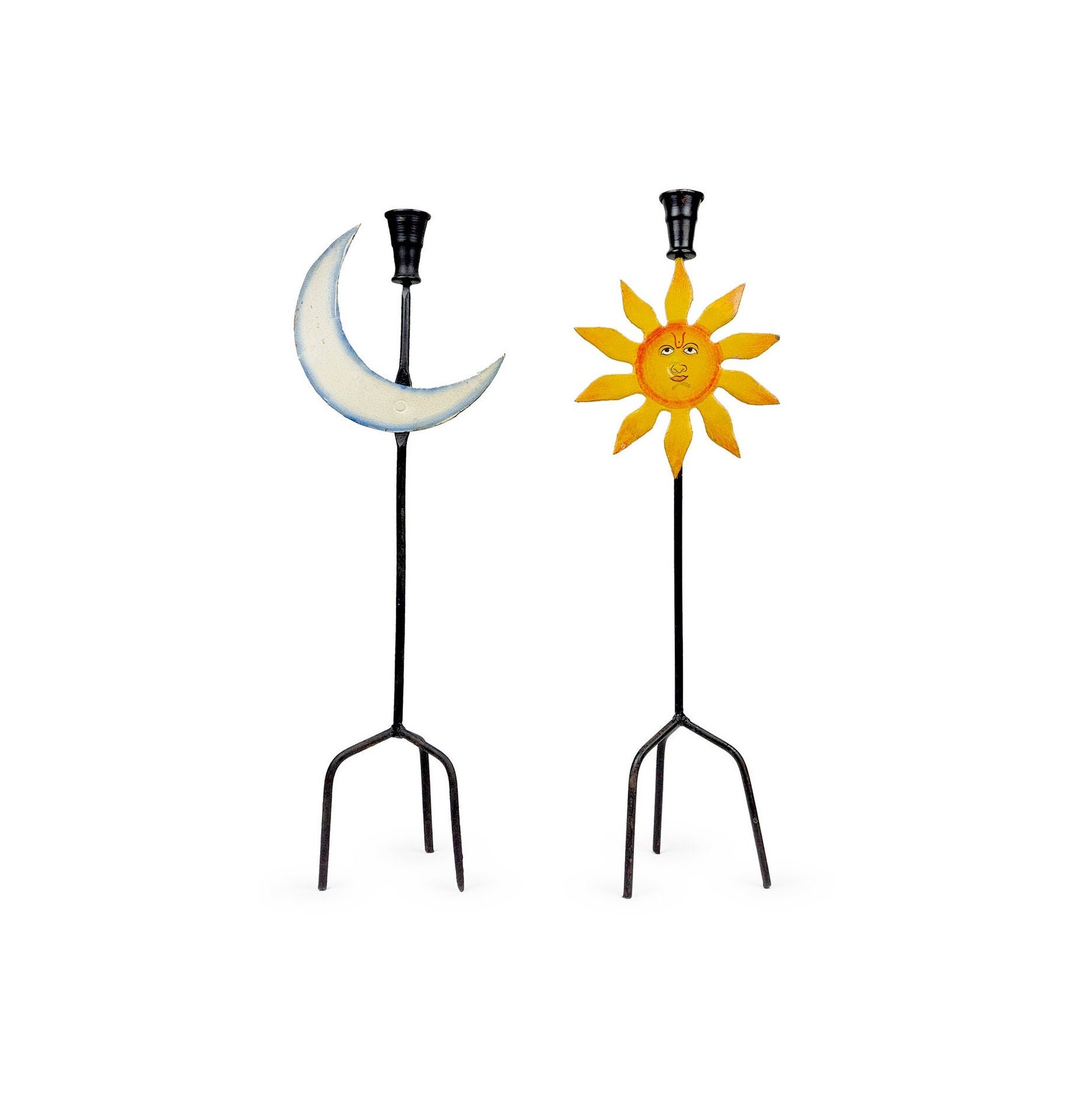 Sun and Moon Candle Holders, Wrought Iron Candelabra, Couple of Iron Sun and Moon Candleholders