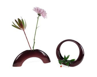 Vintage Ceramic Flower Holders Pair by Timo Keraamika Estonia, Deep Purple Ikebana Vases Sculptural Modern Design