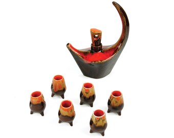 Vallauris Liqueur Service, Crescent Moon Coffee Service, fat lava glaze set, Moon vintage table set in ceramic, Vallauris Liqueur Pottery