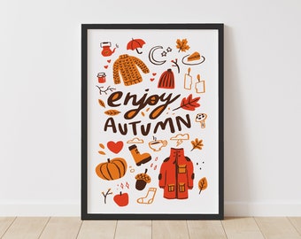 Enjoy Autumn, Autumn hygge wall art, Fall wall art, Autumn home decor, Illustrated wall hanging, aesthetic wall art