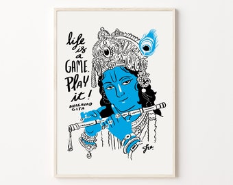 Life is a game play it poster, Bhagavad Gita quote, Shri Krishna print, Modern minimalist illustration, Instant download, Hindu God, Blue