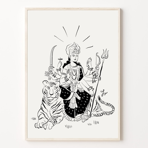 Shri Durga poster, Goddess print, Original illustration, Digital download, Durga on a tiger, Black and white wall decor, Printable wall art