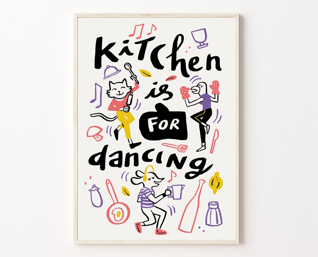 kitchen wall art set of 6 fun foodie prints this... Funny Kitchen Prints, Kitchen is for Dancing Wall Poster, Cartoon ...