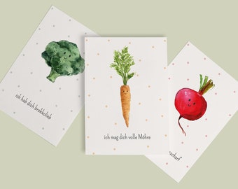 Set de 3 postales 'Verduras', cumpleaños, tarjetas de felicitación, postales, idea de regalo, saludos vegetales, verduras