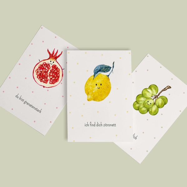 3er Set Postkarten 'Obst', Geburtstag, Grußkarten, Postcards, Geschenkidee, fruchtige Grüße, Frucht