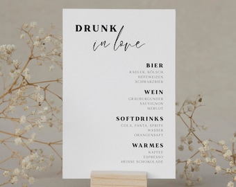 A6 Wedding Drinks Menu; Postcard; Drinks Overview; Wedding Bar Sign