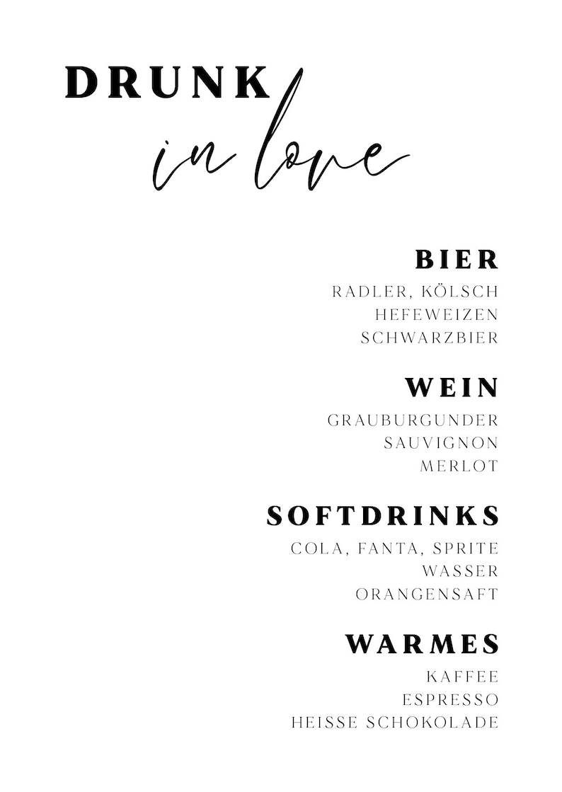 A5Getränkekarte Hochzeit Getränke Übersicht Bar Schild Etsy.de