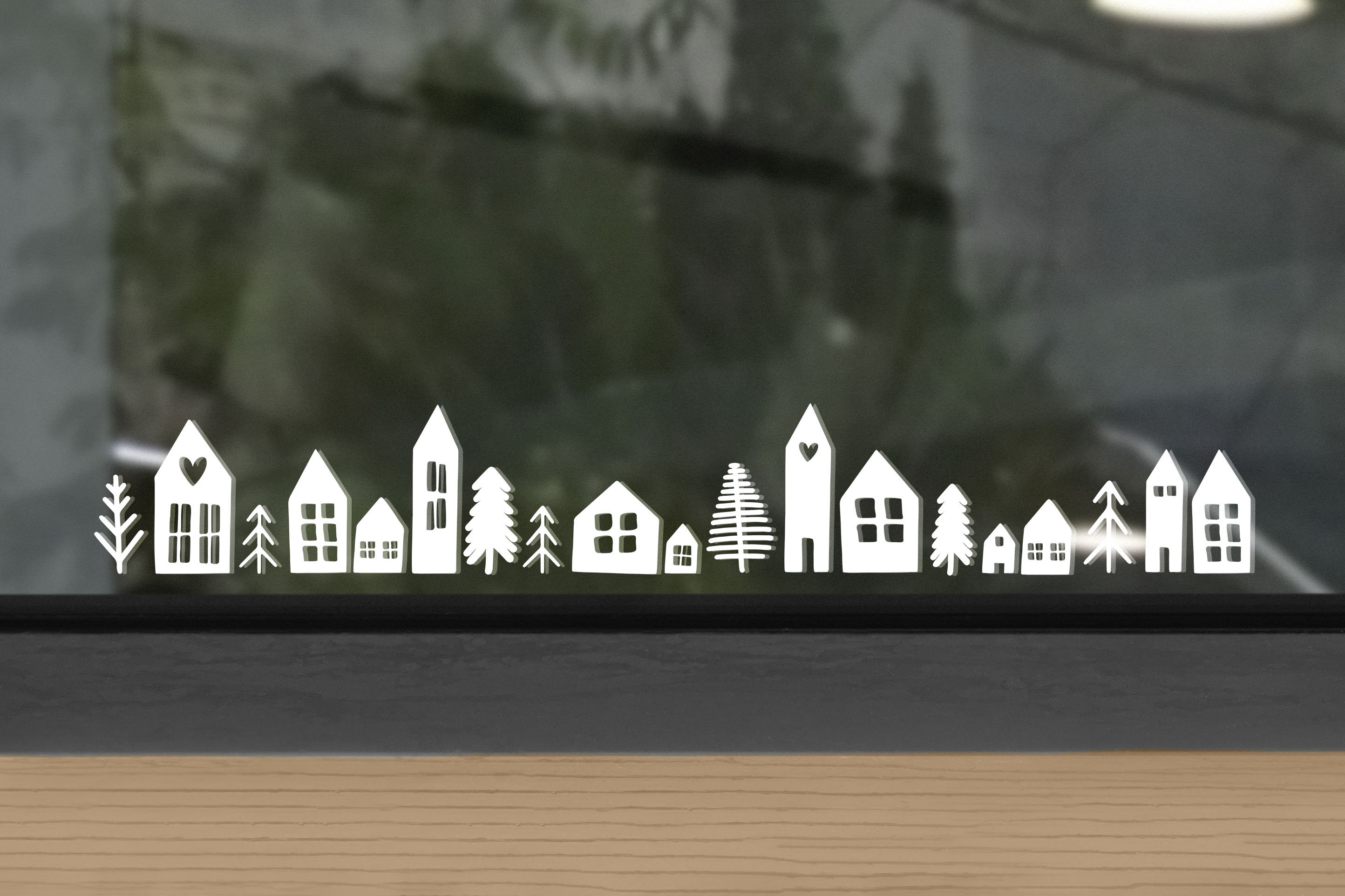 Fensterbild, Aufkleber, Vinyl-Aufkleber Häuser, Winterdorf, Weihnachten, Weihnachtsdeko, Bäume, Weihnachtsbaum