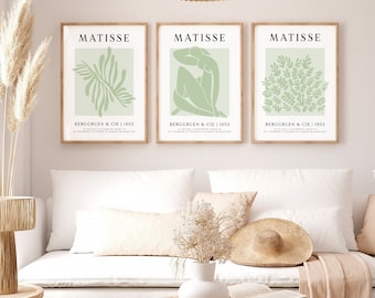 Set of 3 Poster Henri Matisse sage green; art print; Set of 3 murals; Abstract murals; Modern art prints; Pressure