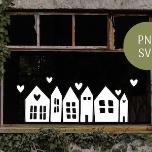 Peut inclure: Illustration en noir et blanc d'une rangée de maisons stylisées avec des cœurs. L'image est placée sur le fond d'un vieux cadre de fenêtre à l'aspect vieilli, et le texte "PNG SVG" est dans un cercle vert.