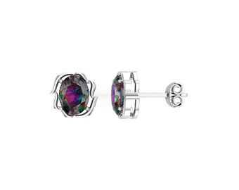 Dainty Mystic Topaz Stud Earrings, Mystic Topaz Earrings, 925 Silver Earrings, Oval Stud Earrings, Bohemian Earrings, Gifts for Her