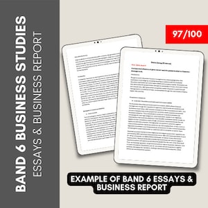 May include: A close-up of a computer screen displaying a business report with the title "Analysis of the influence of government and the global market on financial management". The report is scored 97 out of 100.