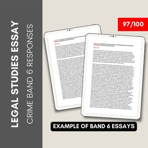 May include: Two pages of a legal studies essay with the title "Crime Essay" and the text "Example of Band 6 Essays". The essays are about the effectiveness of international criminal law and the role of values in achieving justice for society and individuals.