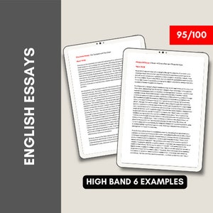 May include: Two digital tablets displaying high band 6 examples of English essays. The first tablet shows a discovery essay titled "The Tempest and The Great Chain of Being." The second tablet shows a writing a response essay titled "Robin's Wife and The Wife of Bath." The text "95/100" is displayed in a red box in the upper right corner of the image. The text "HIGH BAND 6 EXAMPLES" is displayed in a blue box at the bottom of the image.