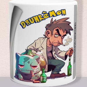 DRUNKEMON mug! | Parody poke mug; Funny anime mug with Bulbasaur and the professor Oak | A fun original gift for friends and family.
