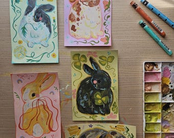 Adorables peintures originales à la gouache représentant des lapins, 10 x 15 cm, œuvres d'art originales faites à la main, décoration colorée, mignons lapins coquetterie
