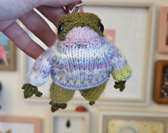 Mini Bag Friend Keychain! Cute little frog in overalls! Handknit Cute Froggy Friends The Original Bag Friend Frogs by allie.and.jules