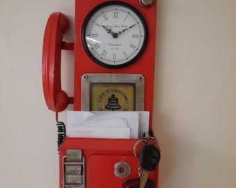 Metal Red Phone Booth Mail Box Key Holder Vintage Antique Handmade Art Deco Designer Wall Clock