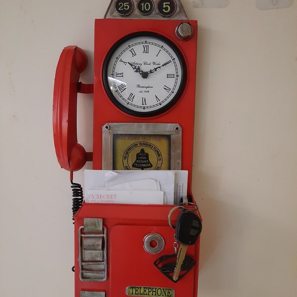 Metal Red Phone Booth Mail Box Key Holder Vintage Antique Handmade Art Deco Designer Wall Clock