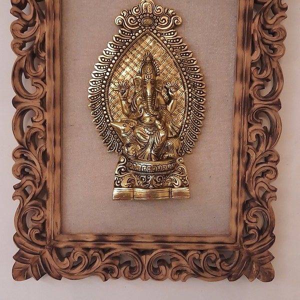 Handmade Vintage Metal Lord Ganesh Gold Idol on Silk Wooden Frame Antique Rustic Lucky Charm Wall Art