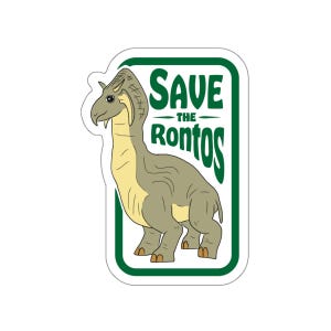 Op de afbeelding: Een groene en witte sticker met een cartoonillustratie van een groen en bruin wezen met een lange nek en een boodschap die zegt "Save the Ronto's".