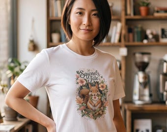 T-shirt Squirrels Tale con un audace motivo floreale