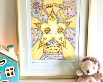 Personalized 'A Star is Born' Nursery Print: Hand-Drawn Keepsake