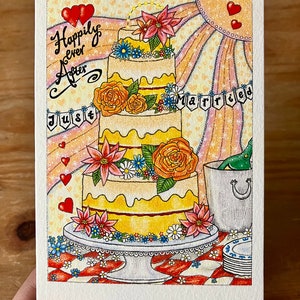 Just Married card, cute illustrated Card for friends and loved ones. Wedding Cake,  Special card for wedding day. Unique, hand drawn.