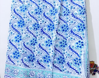 Blue Floral Hand Block Print Scarf, Indian Cotton Scarf, Handmade Boho Shawl, Block Printed Neck Wrap, Traditional Textile, Gift for Her