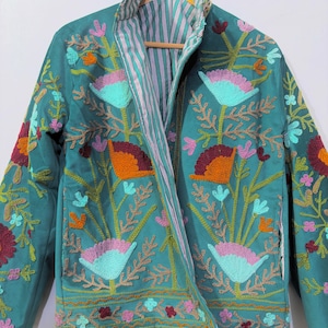 Vintage Boho Embroidered Jacket, Teal Floral Suzani Jacket, Colorful Folk Art Embroidery, Ethnic Bohemian Coat, Statement Festival Wear
