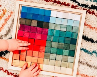 Wooden Rainbow Mosaic Cubes with Tray - 100 pc; Natural Montessori Toys (Grimms-inspired) with Plant Dyes Blocks | Learning | Toddler Gift