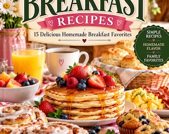 May include: A cookbook titled Nana's Breakfast Recipes featuring a stack of pancakes topped with strawberries and blueberries, cinnamon rolls with icing, a bowl of fruit, orange juice, a coffee mug, biscuits, and scrambled eggs with bacon.