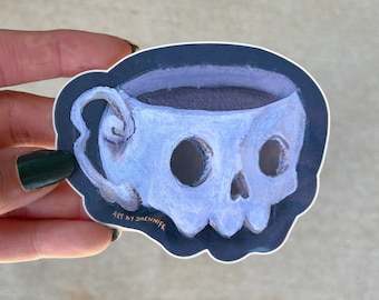Skull Mug Vinyl Sticker: Spooky Tea Time Illustration