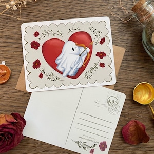 Valentijnskaart Ghostie Cupido | Grappig alternatief Valloween-cadeau, romantische gotische kaarten voor snail mail en penvrienden