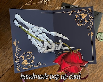 Gothic Pop-Up Card: Wilted Rose, Skeleton Hand - Customizable Handmade Love Card