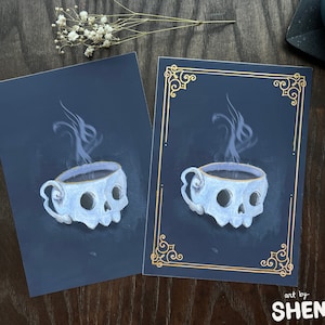 Skull Mug Print | Coffee Bar Decor, Dark Academia, Haunting Print, Halloween Art, Spooky Tea Painting