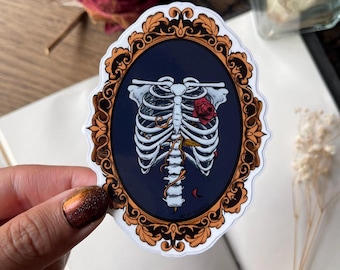 Gothic Ribcage Sticker | Skeletal Love Flower, Laptop Water Bottle Sticker