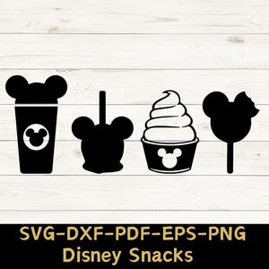 May include: Black and white silhouette cut files of Disney snacks, including a Mickey Mouse shaped ice cream cone, a Mickey Mouse shaped apple, a Mickey Mouse shaped cup, and a Mickey Mouse shaped ice cream bar.  SVG-DXF-PDF-EPS-PNG Disney Snacks