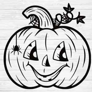 May include: A black and white illustration of a grinning jack-o'-lantern pumpkin with a spider web on the stem and a spider hanging from a web above the pumpkin.