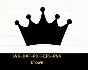May include: A black crown silhouette with five points and rounded tips. The crown is set against a white wood grain background. Below the crown is the text "SVG-DXF-PDF-EPS-PNG" and "Crown".