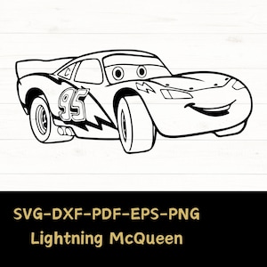 Puede incluir: Ilustración en blanco y negro de línea de arte de un coche de carreras de dibujos animados con el número 95 en el lateral. El coche tiene una cara sonriente y es conocido como Rayo McQueen.