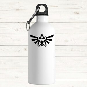 May include: White metal water bottle with a black lid and a black carabiner clip. The bottle has a black emblem graphic. The bottle is cylindrical.