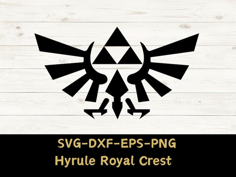 May include: A black Hyrule Royal Crest design, a stylized bird emblem with a triangle at the top. The image includes the text "SVG-DXF-EPS-PNG" and "Hyrule Royal Crest" in a gold colour.