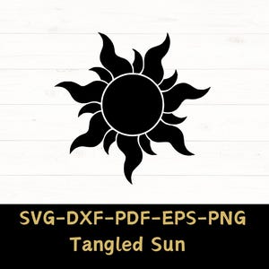 May include: A black silhouette of a stylized sun with a large, round center and radiating points. The sun is reminiscent of the sun from the Disney movie Tangled.