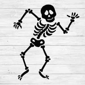May include: Black and white silhouette of a dancing skeleton with a skull head. The skeleton is posed with one arm raised and the other arm bent at the elbow. The skeleton is dancing on a white wood background.